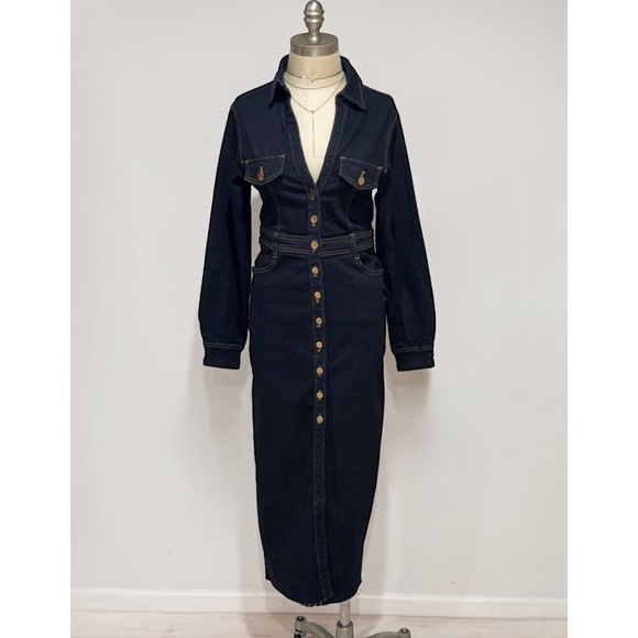 Zara Women's Dark Blue Gold Button Up Long Sleeve Maxi Denim Dress Size M - Picture 2 of 7